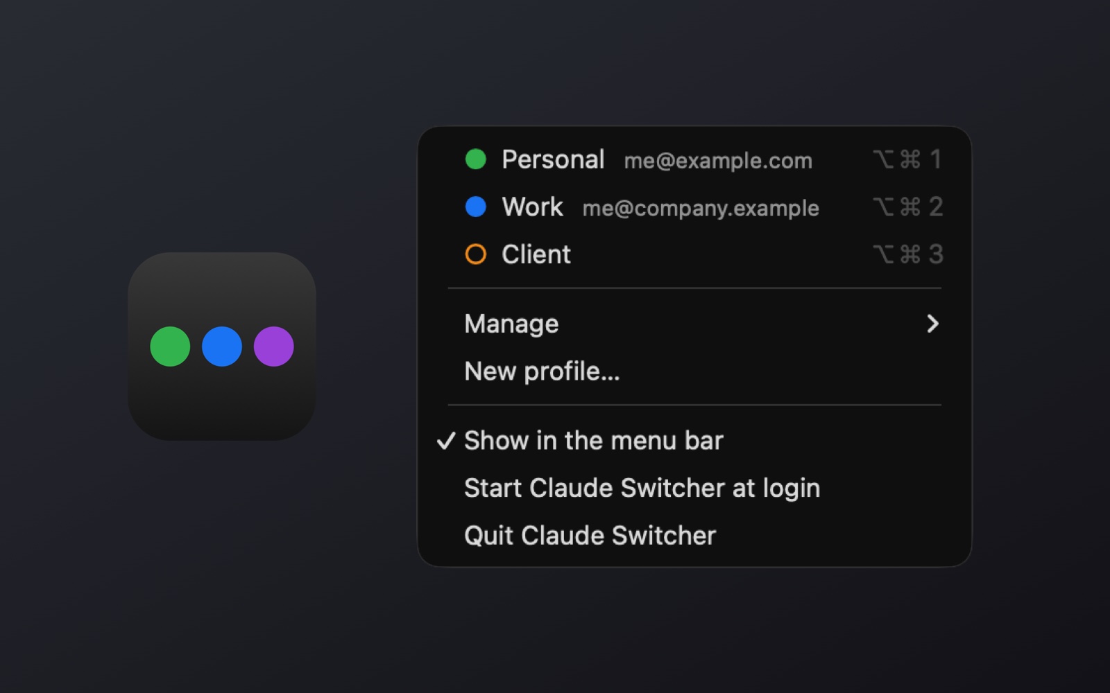 Claude Switcher menu with three profiles